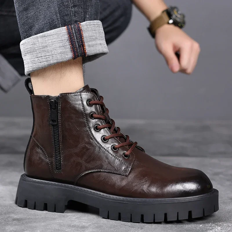 MEN Shoes 2023 High Quality Lace Up Zipper Men\'s Boots Winter Round Toe Solid Plush Warm Platform Water Proof Fashion Boots