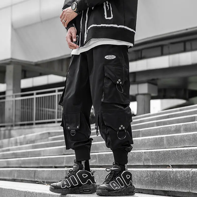 Casual Black Cargo Pants Men Jogger Baggy Tactical Spring Autumn Fashion Men Trousers Large Practical Pockets Ribbons