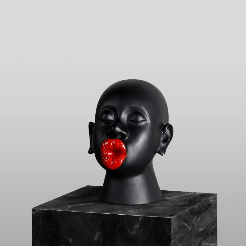 

Modern Black Red Lip Desktop Female Figure Head Decoration Home Soft Decoration Resin Crafts