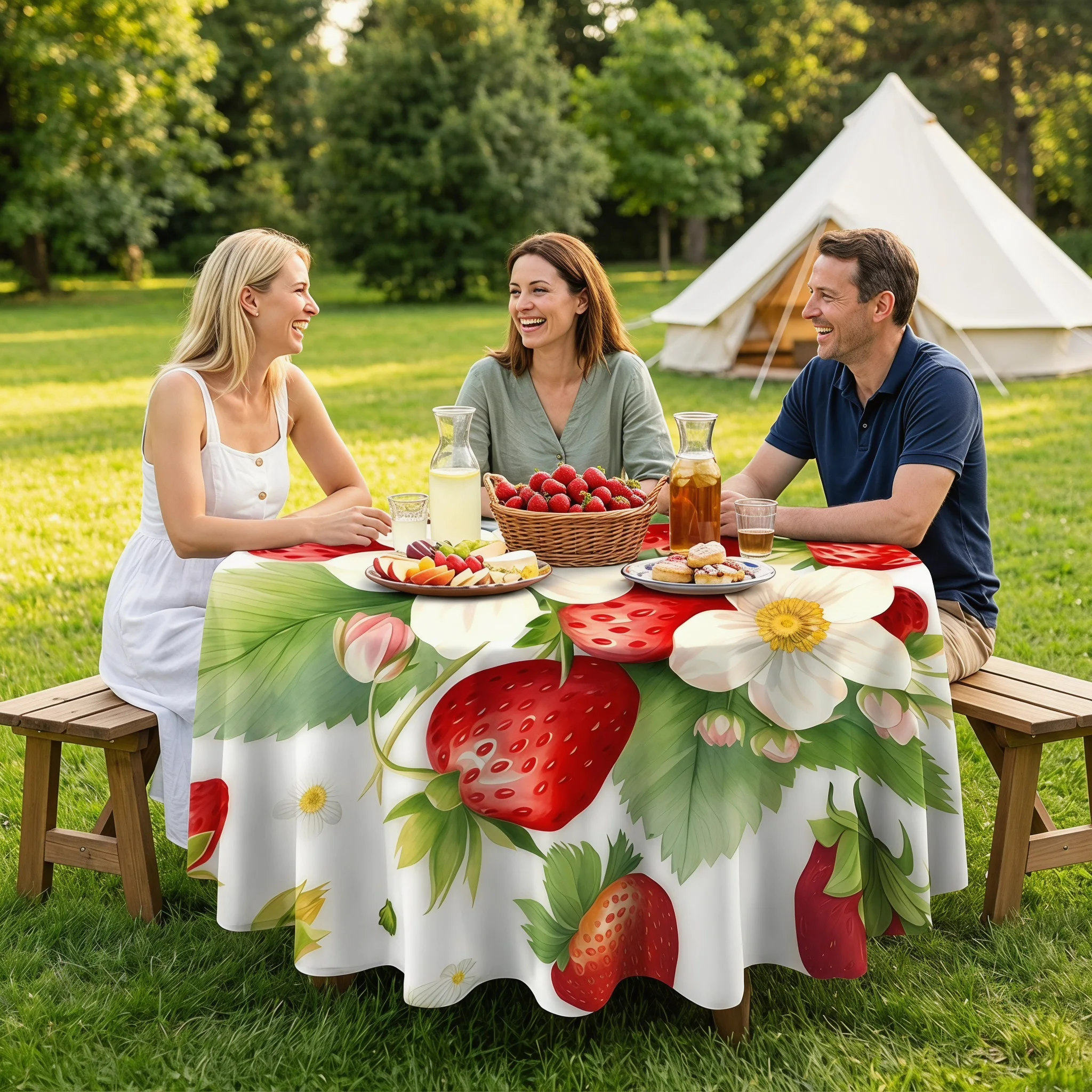 Summer Round/Square Tablecloth Strawberry Flower and Leaf Wash Seasonal Table Cover for Party Picnic Dinner Home Outdoor Decor