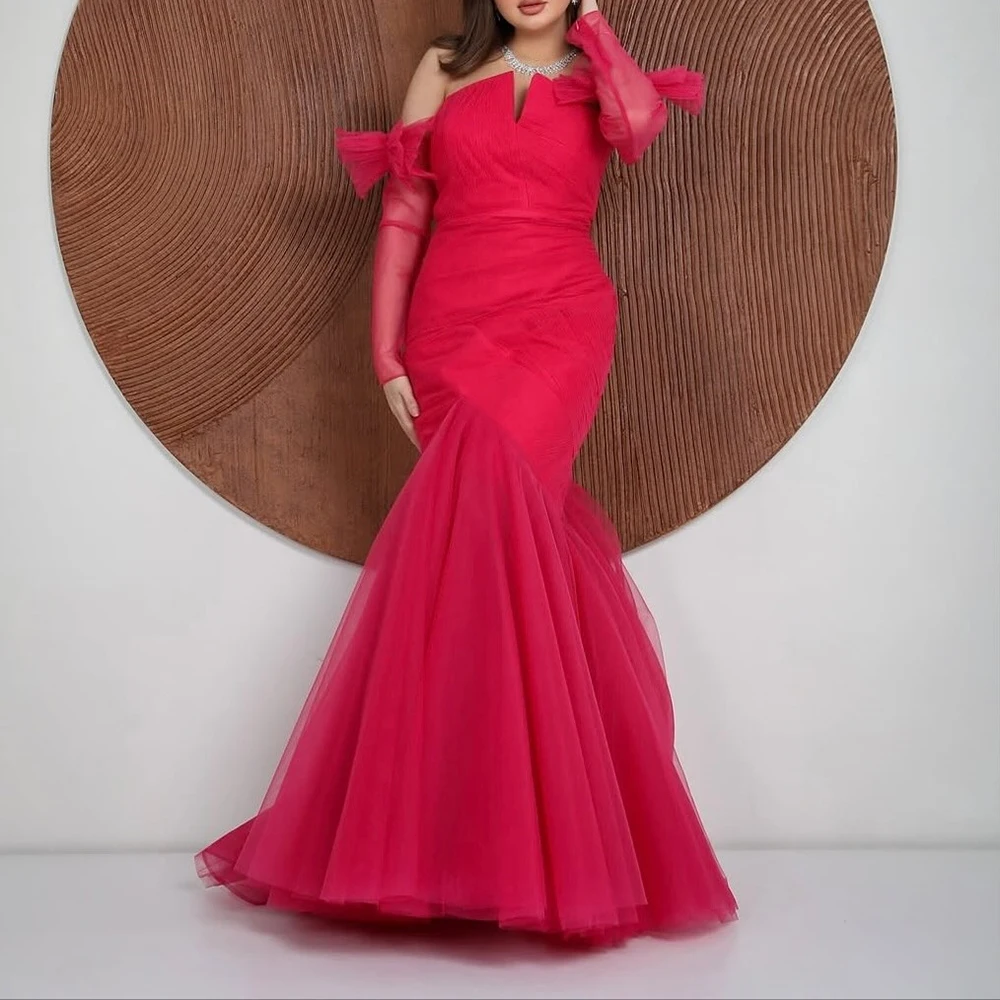 

Вечерние платья русалки по индивидуальному заказу, длиной до пола, без бретелек, с рукавом три четверти, платье для выпускного вечера, модное драпированное вечернее платье с открытой спиной