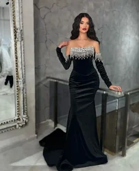 Stylish and exquisite crystal beaded party evening dress for women simple glamorous sexy off shoulder long sleeve ball dress