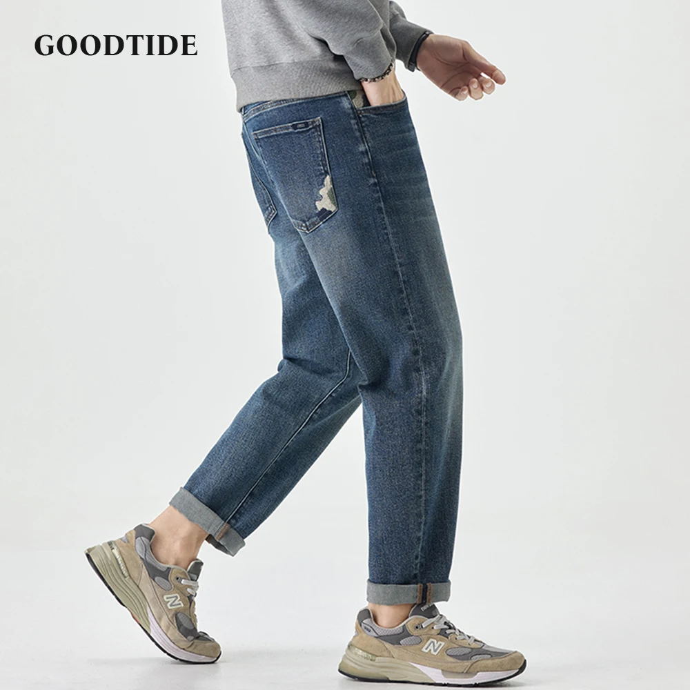 Fashion Men's Slightly Elastic Tapered Jeans 2025 Autumn New Graphite Washed Rolled Hems Casual Denim Trousers Size 28-38