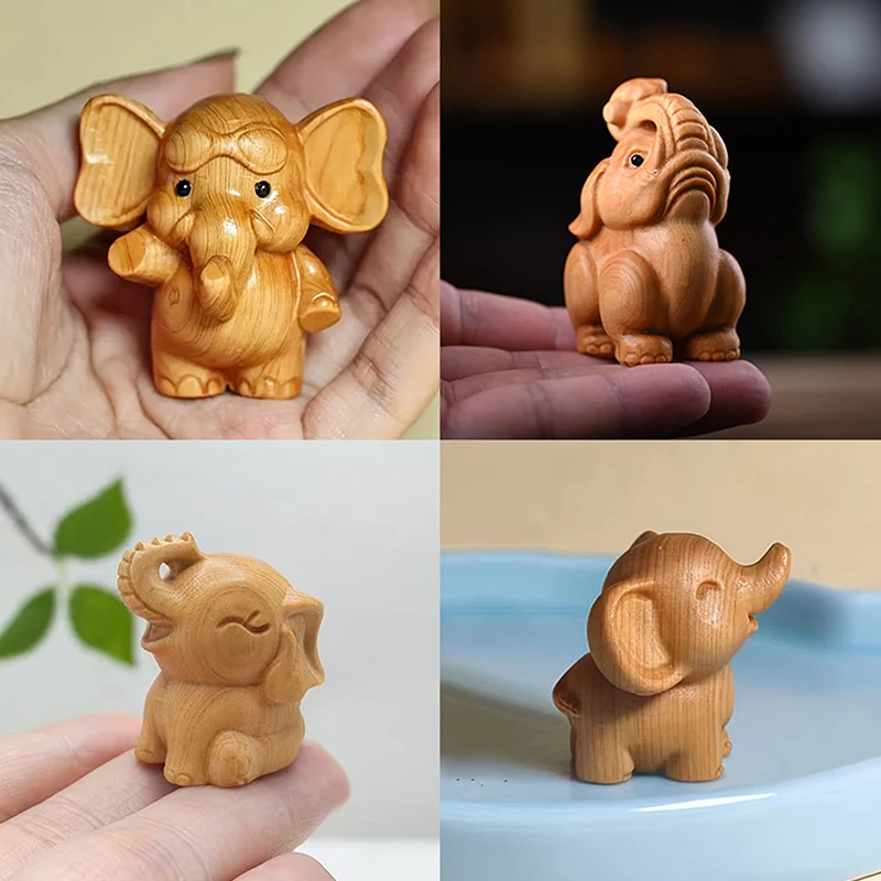 Hand-Carved Wooden Elephant Figurines Cute Elephant Statue Decorative Ornament Home Desktop Decor Car Decoration