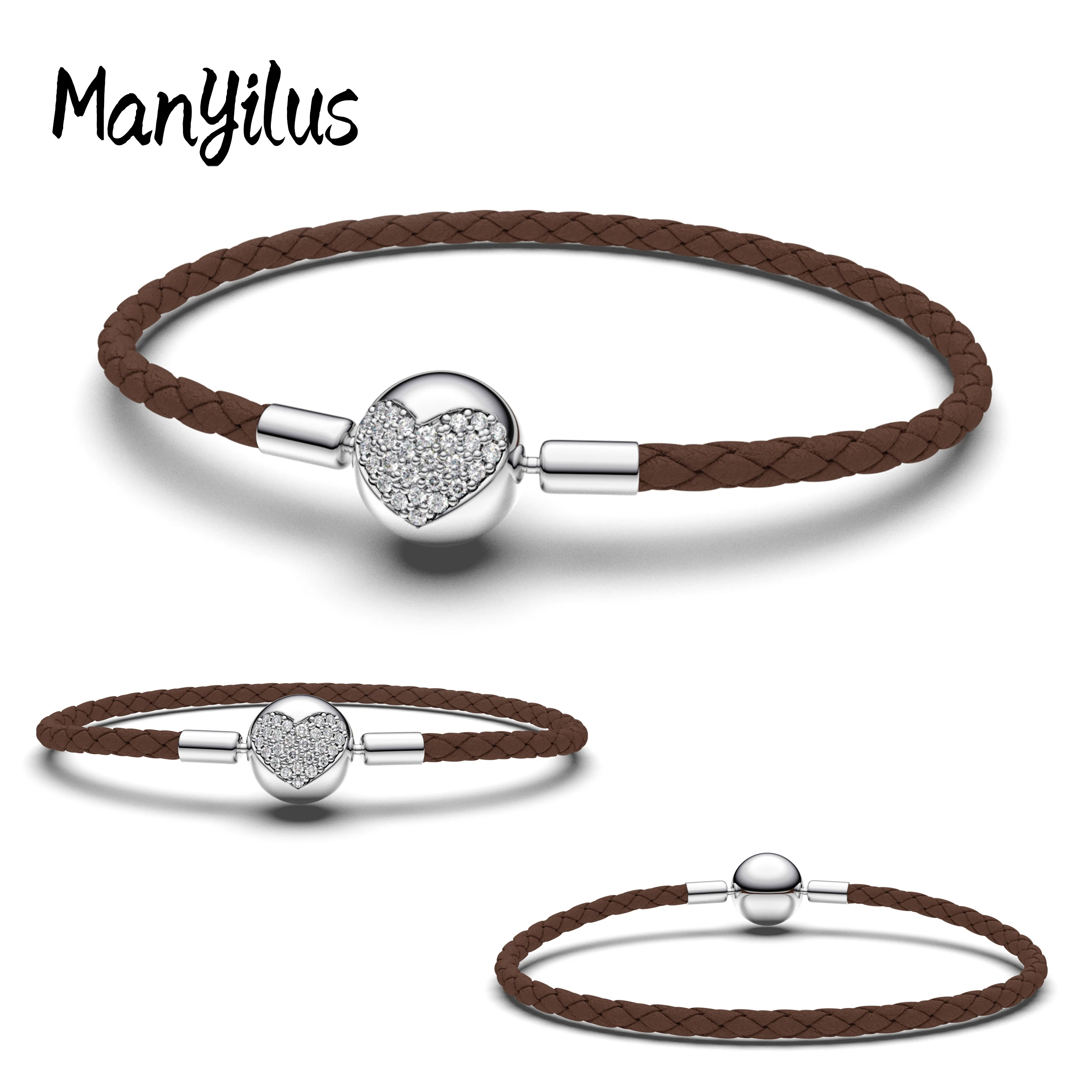 Manyilus S925 Braided Brown Leather Bracelet with Pave Heart Clasp Charm Fit Original European Beads Women Wrist Jewelry Gift