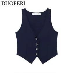 DUOPERI Women Fashion Knitted Copped Vest Tank Tops V-Neck Sleeveless Female Chic Lady Tops Waistcoat