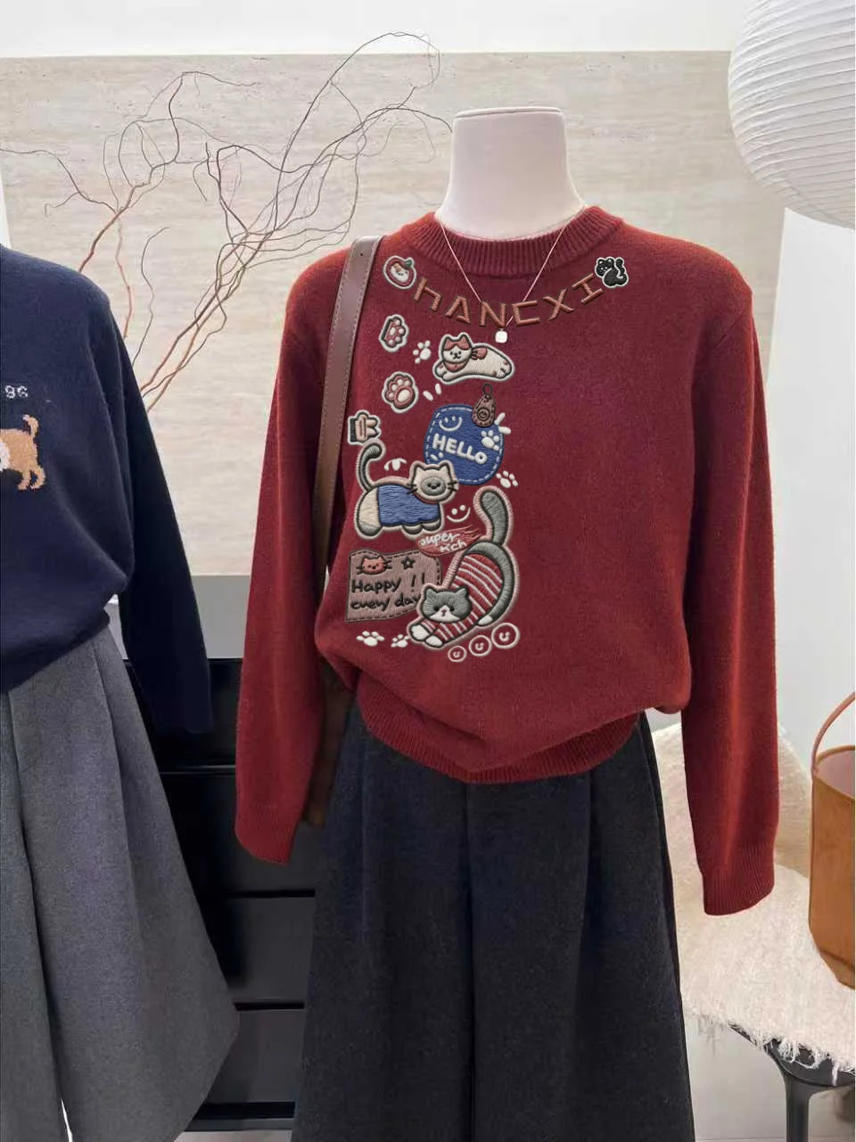 

Праздничный винно-красный вязаный свитер с круглым ленивым принтом Ne Long Sve, антивозрастной женский теплый топ на осень-зиму
