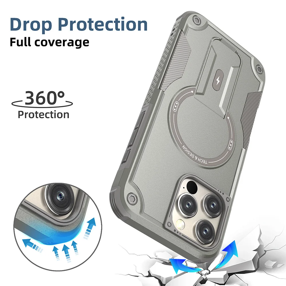 Militärisch Stoßfeste Handyhülle für iPhone 11 12 13 14 15 16 17 Pro Max mit Magnetischer Drahtloser Aufladung und Unsichtbarem Ständer – Detail 5