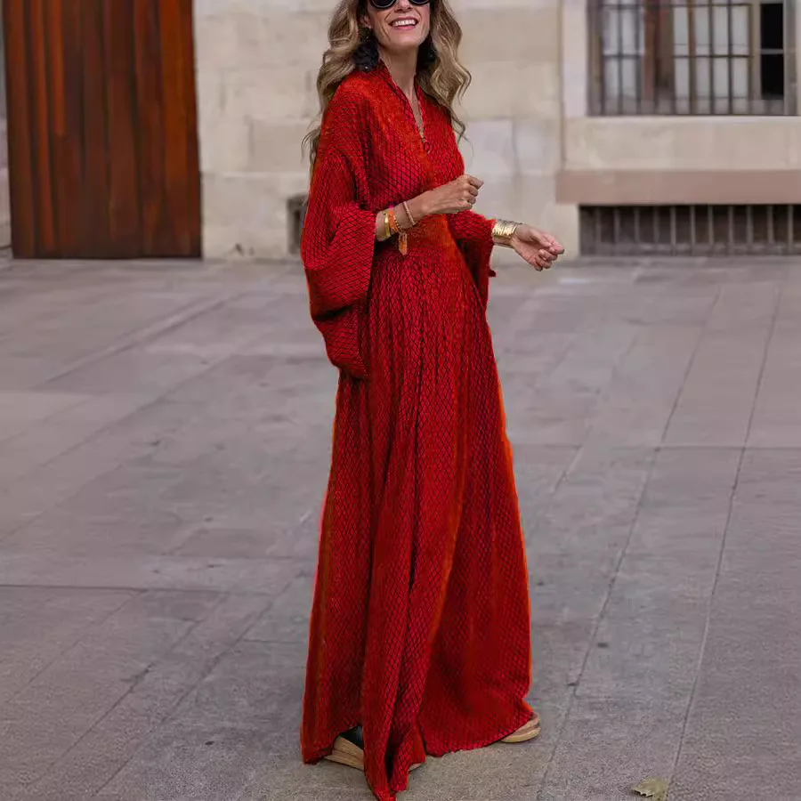 Vintage Boho Women's Casual Dress Sping Fall Fashion V-neck Lantem Sleeve Folds Waist Loose Maxi Streetwear Loose Robe Femme