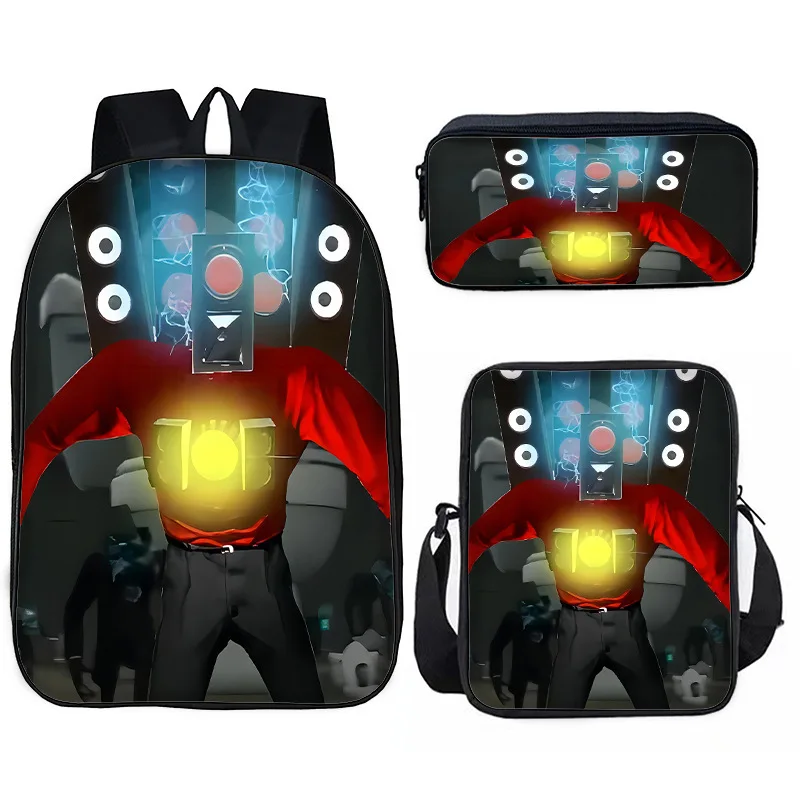 New Hot Selling Skibidi Toilet Toilet Man Spoof Three-piece School Bag Student Children Cool Backpack Shoulder Bag Pencil Case