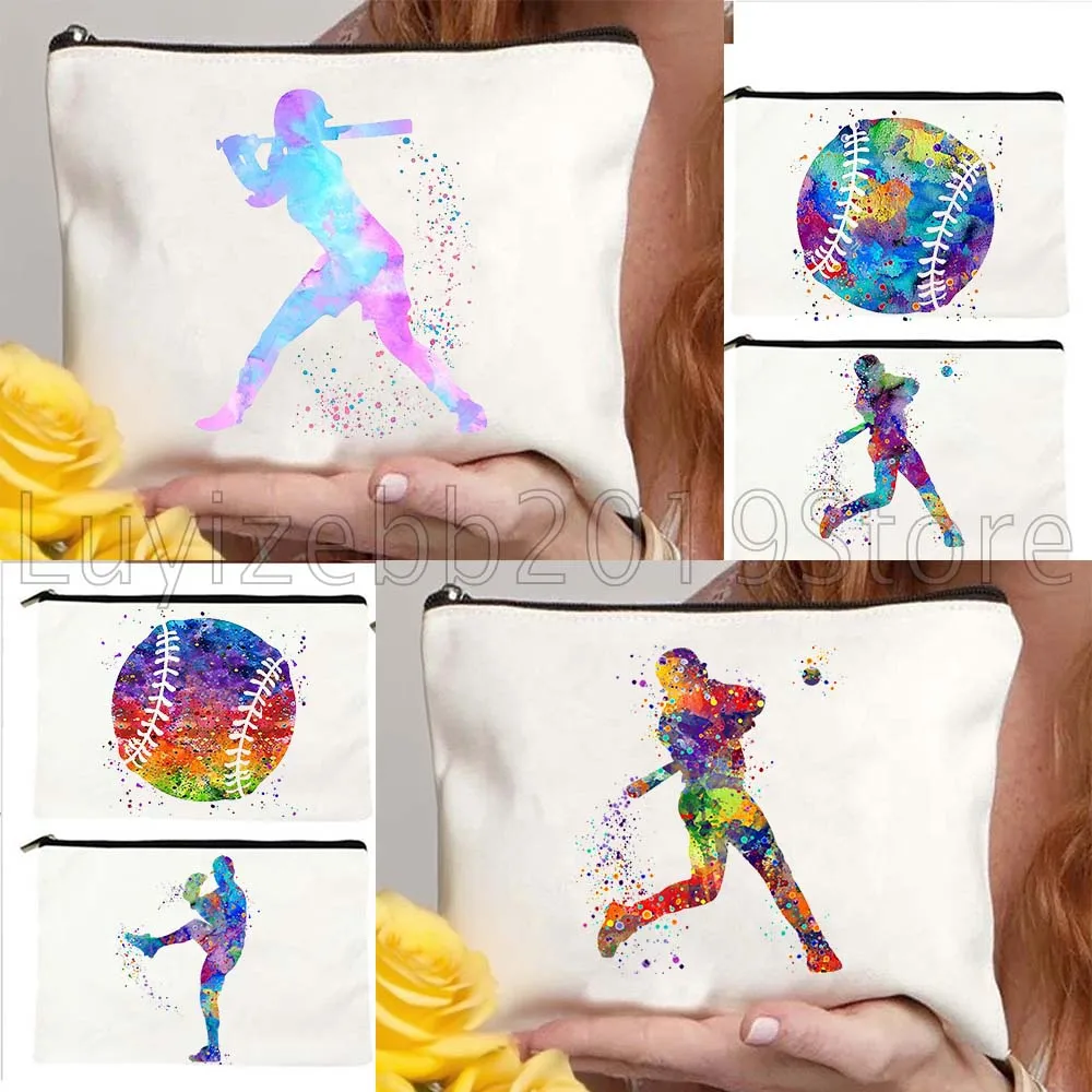 

Baseball Ball Softball Player Sports Watercolor Cute Gifts Canvas Cosmetic Bag Travel Makeup Toilet Bag Pencil Case Zipper Pouch