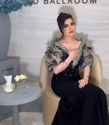 Black Arabic Crystal Prom Dresses Long for Women 2025 V Neck Crystal Beading Mermaid Satin Formal Evening Gowns