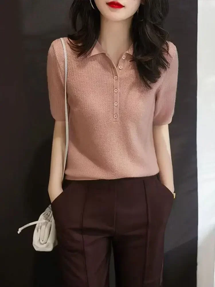 Polo Neck Shirt For Women Plain Button Woman T Slim Women's Clothing Trend 2024 High Quality On Offer Wholesale Youth Korean