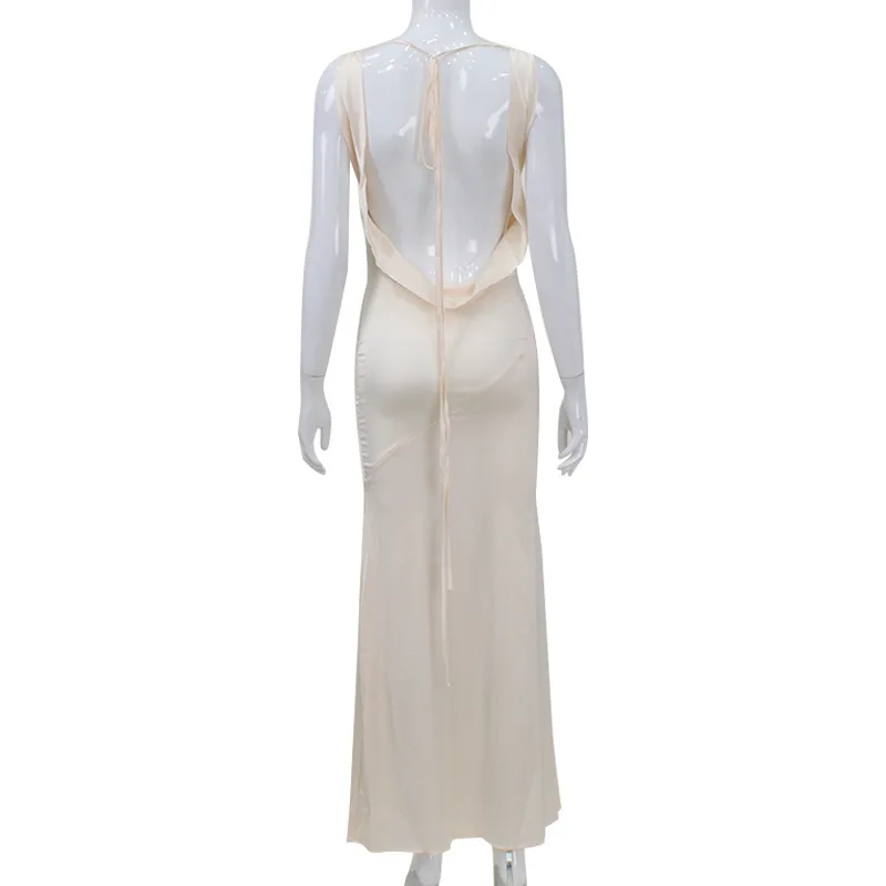 Vestido veraniego sin espalda de satén de moda francesa transfronteriza, vestido Sexy con cuello de una línea y falda larga que abraza la cadera
