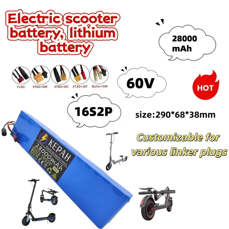 Electric Bicycle Scooter Lithium Battery 60V 16S2P 28000mAh 18650 Rechargeable 67.2V Complete Set with BMS Protection & Charger