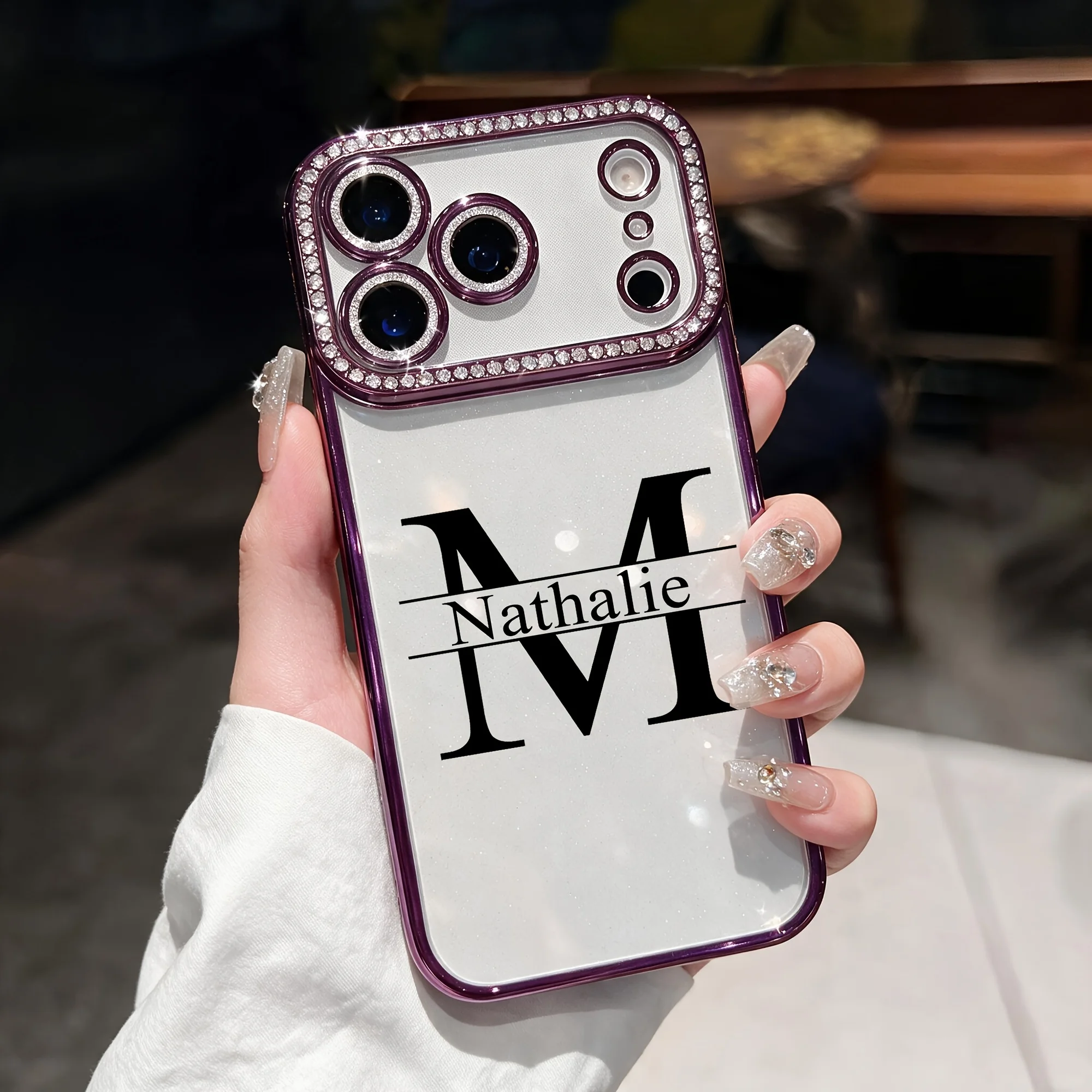 Custom Personalized Name And Initial Letter Rhinestone Border Gradient Glitter Phone Case For Iphone 18 17 16 15  Pro Max