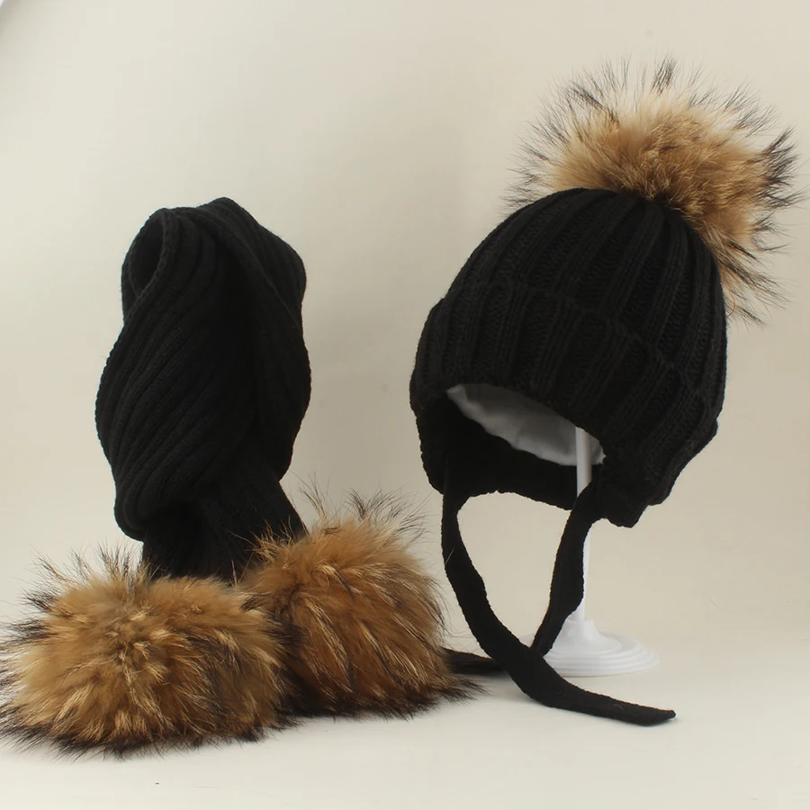 1-6Y Kids Winter Scarf Hat Set Real Raccoon Fur Ball Hat Baby Boy Girl Knitted Stripe Beanies EarflapThick Warm Fleece Cap