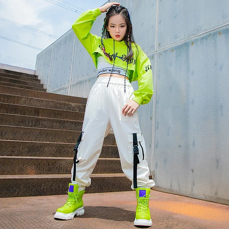 White Cargo Pants Catwalk Street Dance Jazz Performance Costume Kids Hip Hop Clothes Girls Green Hooded Tops Long Sleeves