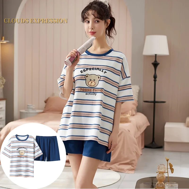 Summer New Knitted Cotton Cute Cartoon Pyjamas Set Women Pajamas Casual Plaid Sleepwear Short Nightwear Sleeve Homewear Fashion