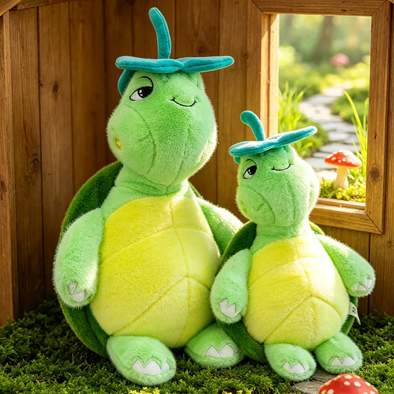 Green Turtle Plush Doll with Leaf Hat Soft Stuffed Tortoise Toy Multiple Sizes Animal Pillow Kids Gift Home Sofa Decor Ornament