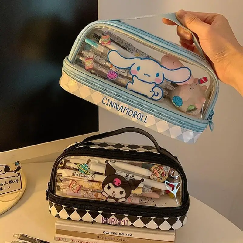 Sanrio Series Transparent Pencil Case Cartoon Hello Kitty Kuromi Storage Bag Large Capacity Double-layer Portable Pen Bags