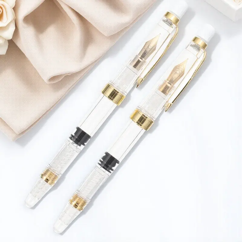

2Pcs Transparent Refillable Piston Fountain Pens Premium ABS Smooth Writing Calligraphy Pens for Students Office School Writing