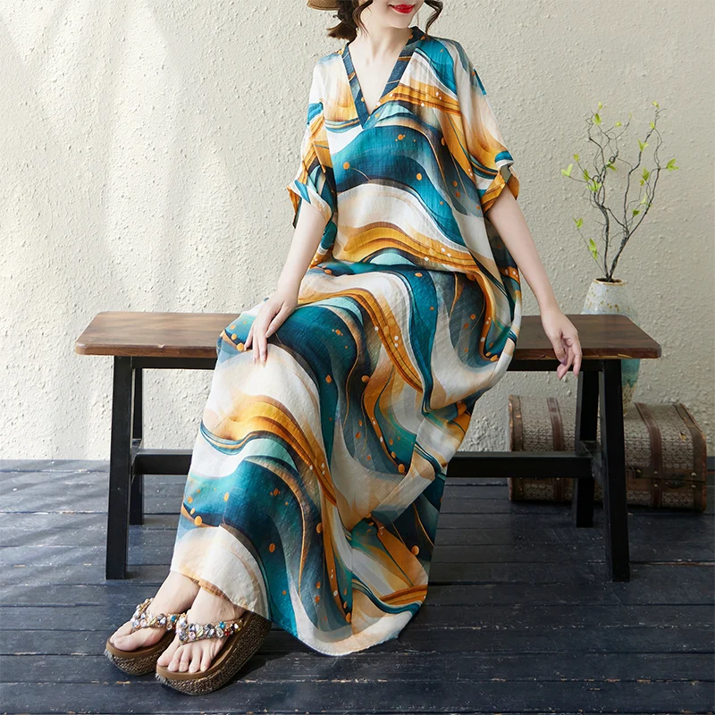 

Летняя тонкая хлопково-льняная свободная пляжная юбка макси с v-образным вырезом, винтажная пляжная юбка для скрытия тела, праздничный длинный халат для женщин Dr