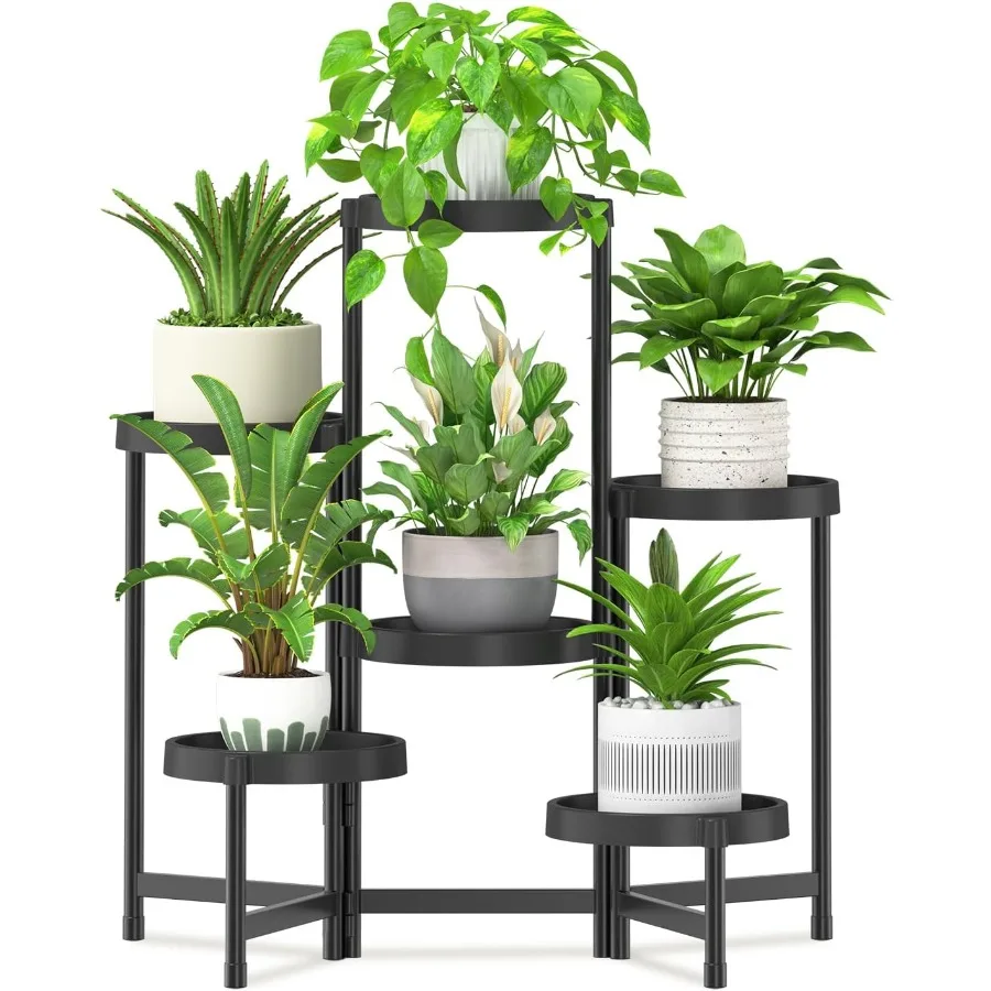 

6 Tier Folding Plant Stand Indoor Outdoor with Plastic Tray Tiered Corner Flower Holder Shelf Metal Orchid Display