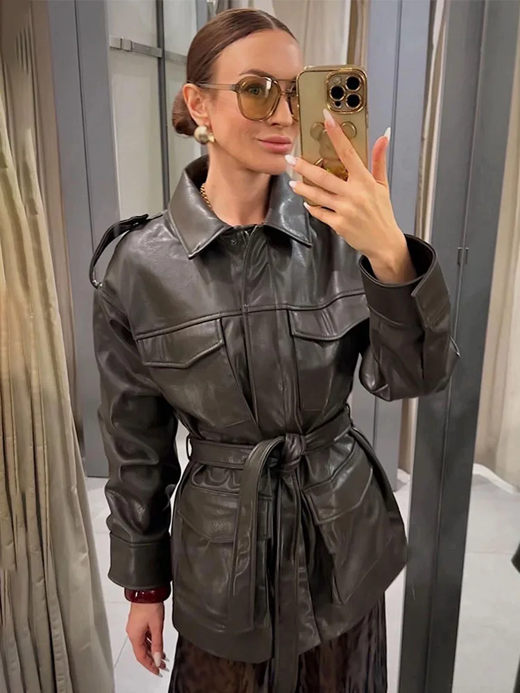 

HH женская осенняя модная куртка черный отложной воротник с длинными рукавами и карманами на шнуровке украшение на молнии женское уличное пальто