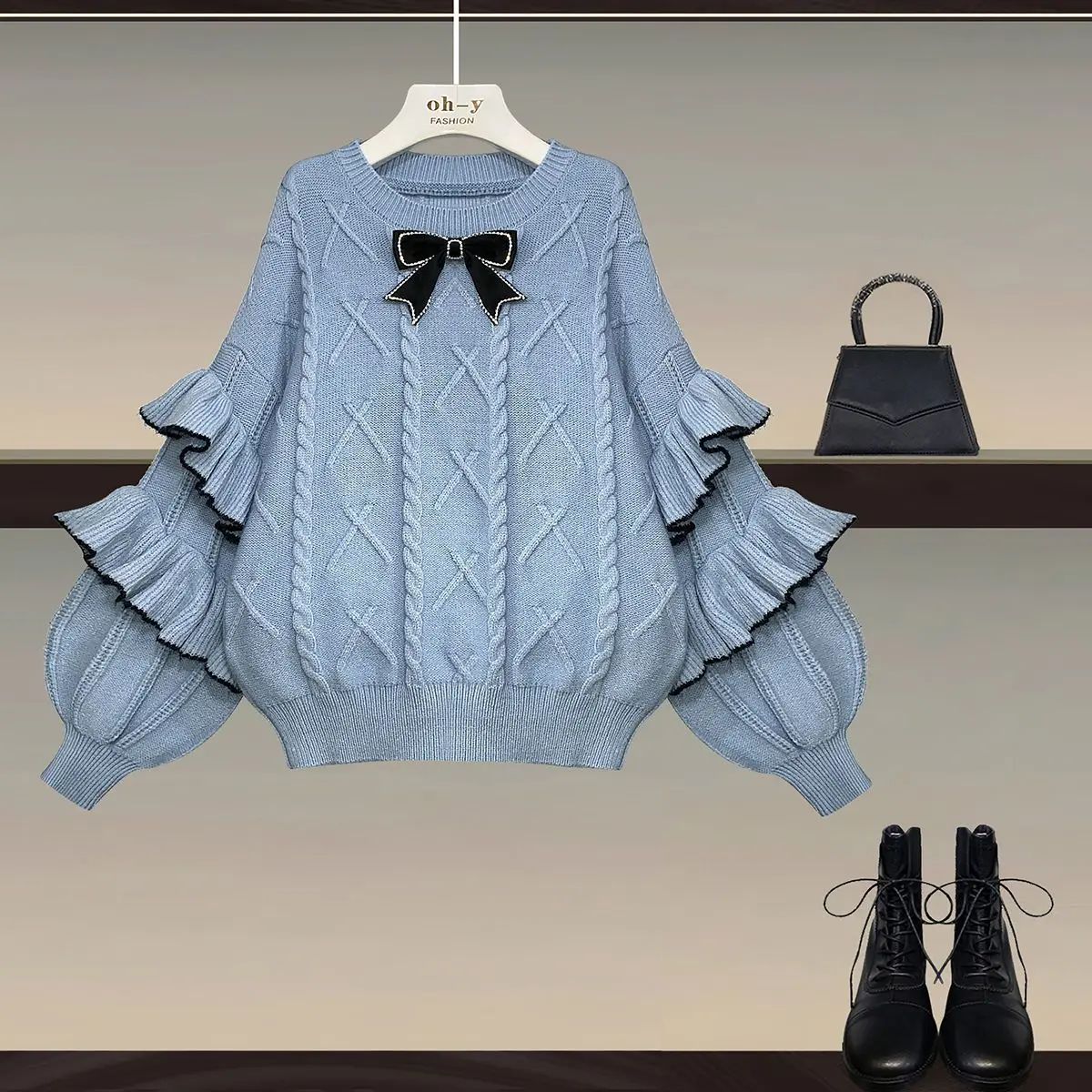 Spring and Autumn Season Set Women's Korean Edition New Slimming Lantern Sleeves Knitted Sweater Half Skirt Two Piece Set