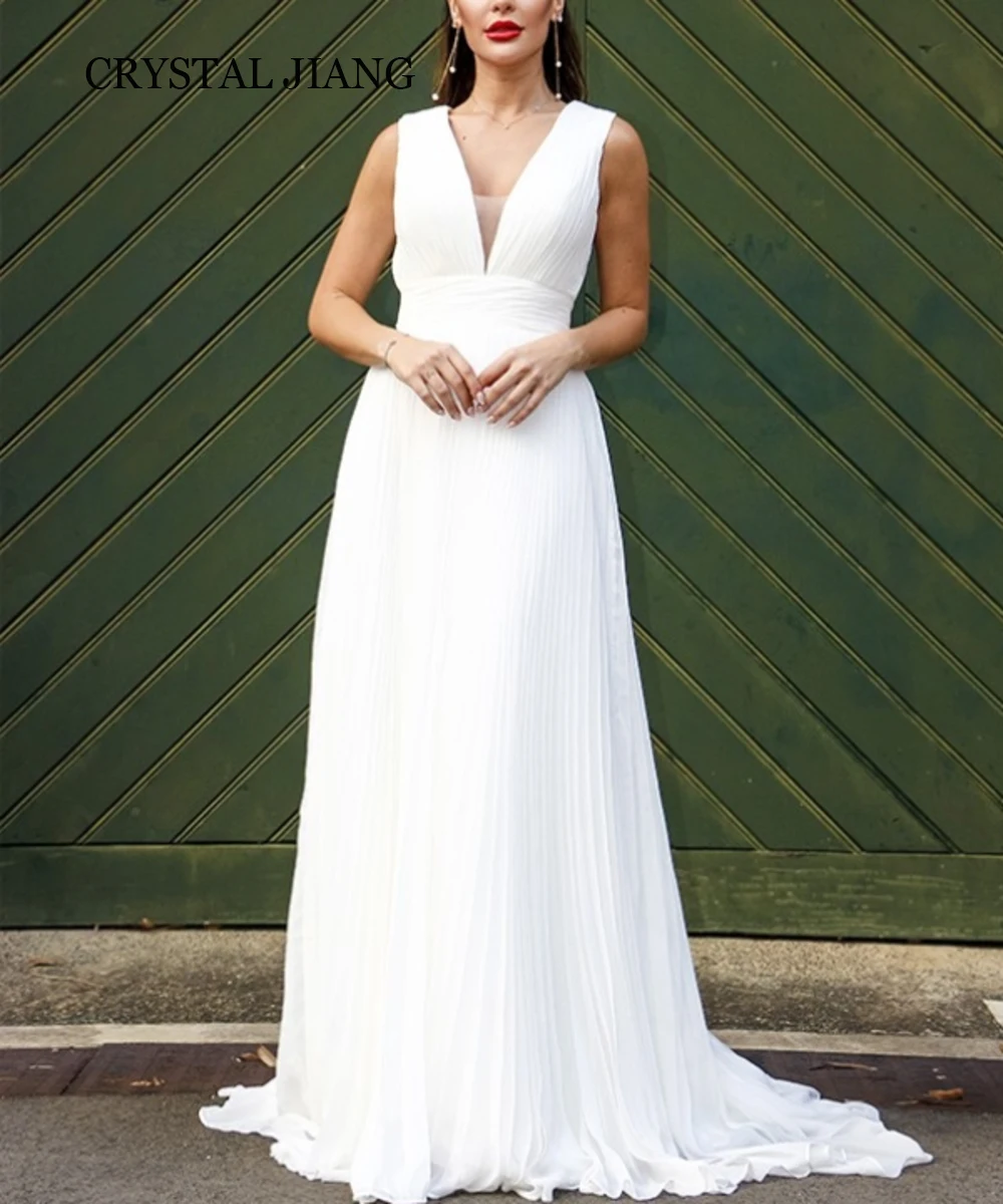 

Elegant Long V Neck Chiffon Natural Waist Wedding Dresses Sleeveless فستان حفلات الزفاف A Line Sweep Train Bridal Gowns