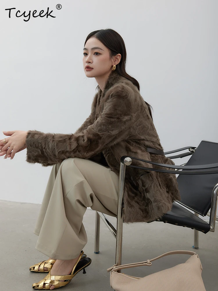 Tcyeek Genuine Wool Autumn Winter High End Trendy Wear V-neck Milk Coffee Tie on Both Sides Women's Wool Shearling Fur Coat