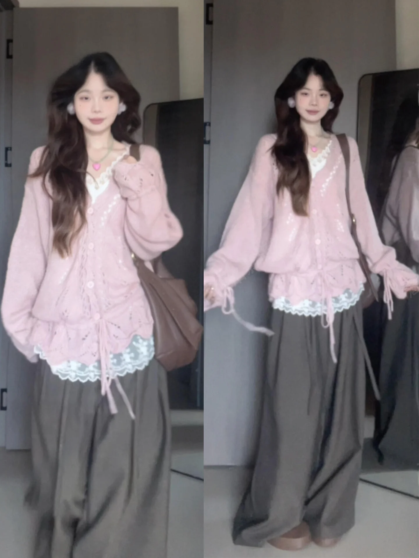 Korean Style V-Neck Loose Knitted Hollow out Sweater Women's Autumn Design Drawstring Bottom Open Cardigan Long Sleeve Warm
