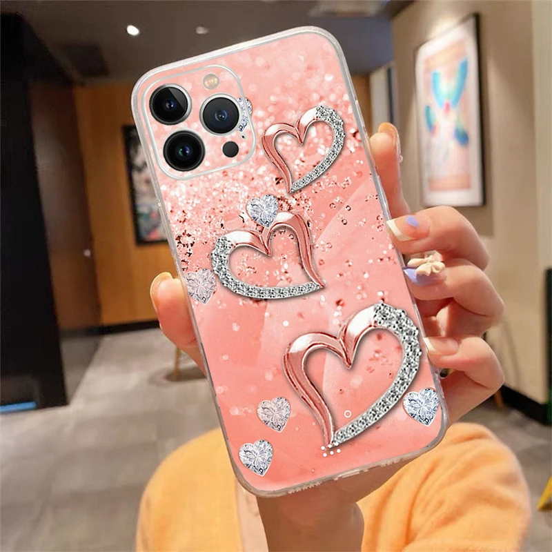 

Phone Case For iphone 17 Pro Max Air 16 15 14 13 Pro Max 15 16 Pro 15Plus Luxury Rose Gold Diamond Heart Case Funda Capa Cell