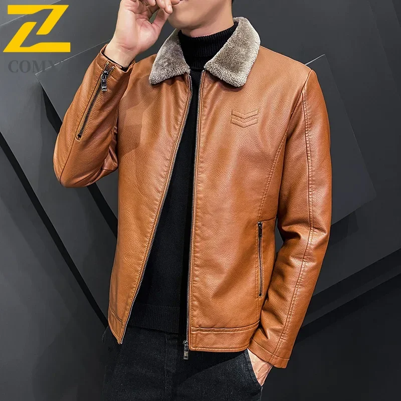 Winter Fashion Warmth Thickened Leather Jacket Lapel Solid Zipper Design Plus Size 4XL-M WorkCoat Men\'s Leather Jacket