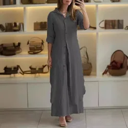 New Summer and Autumn Urban Elegance Cotton and Linen Slim-fitting Waist Long Shirt Wide-leg Pants Set