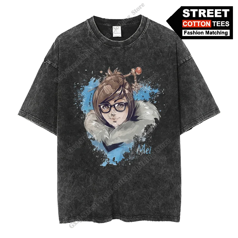 Overwatch MEI - Meiling Zhou Graffiti Style Print T Shirt Cotton Washed Vintage Oversized T-shirts y2k Casual Unisex Loose Tees