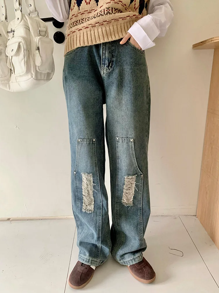 

Slergiri Distressed Blue Ripped Jeans Woman American Vintage Washed Boyfriend Loose High Waisted Straight Leg Jeans Women 2023