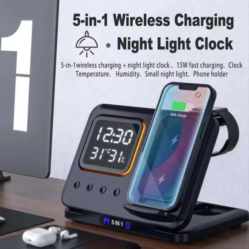 New multifunctional magnetic wireless fast charging stand 5-in-1 LED digital alarm clock fast charging base suitable for iPhone