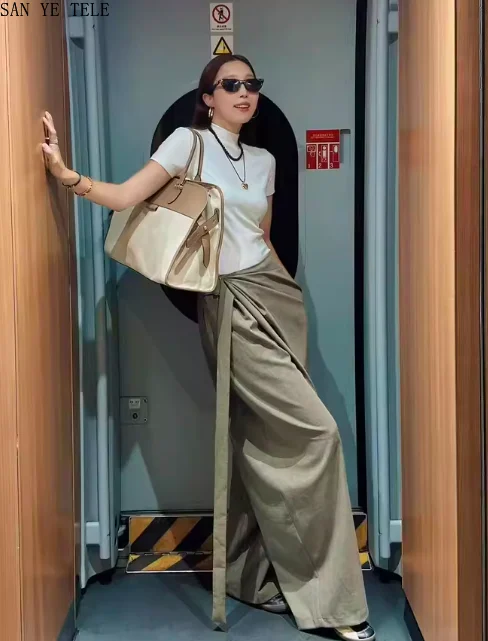 Irregular Ribbon Women Casual Suit Pants Vintage Loose Spliced Japanese Design Fake Two Pieces Wide Leg Long Fashion Pants