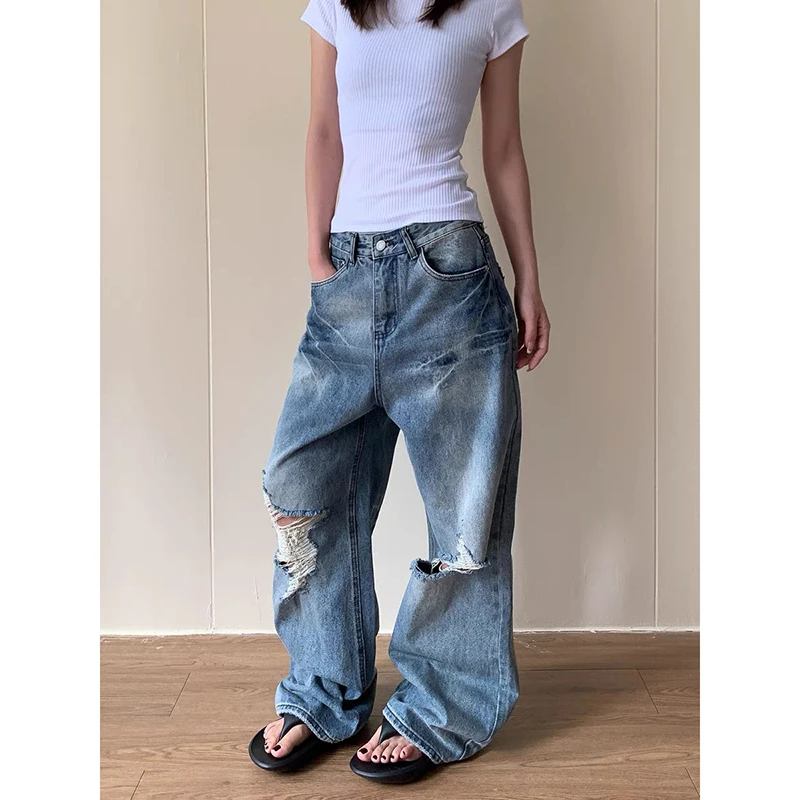 

2025 Autumn High Waist Ripped Women's Blue Jeans American Vintage Streetwear Y2K Wide Leg Jean 2000s Trouser Baggy Denim Pants