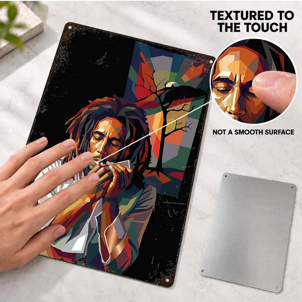 Bob Marley Playing Harmonica Aluminum Poster Customized Metal Sign Geometric Wall Art For Music Corner, Record Collector Gift