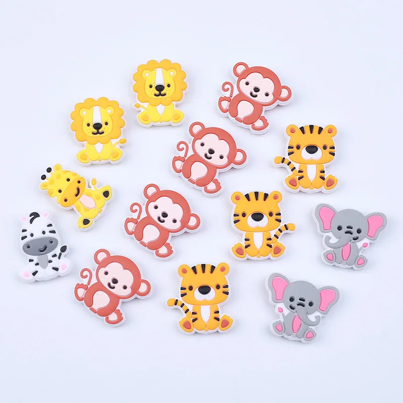 10Pcs Silicone Chew Beads Cartoon Elephant Tiger Teether Beads For Pacifier Chain Bracelet Making DIY Plastic Pen Accessory