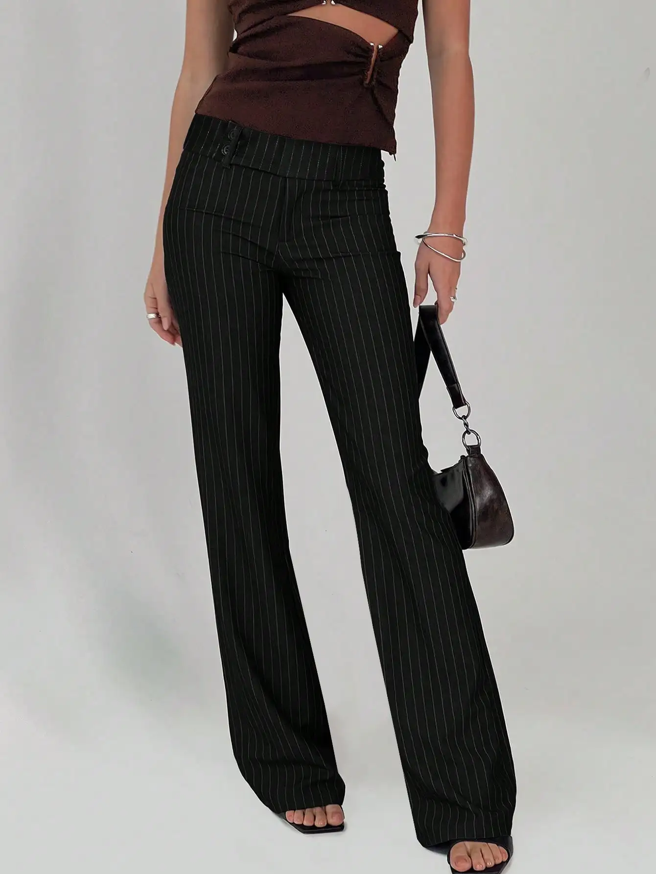 Women Low Drop Waist Casual Work Business Waist Button Design Elastic Waist Color Block Striped Long Pants Suitable for Office