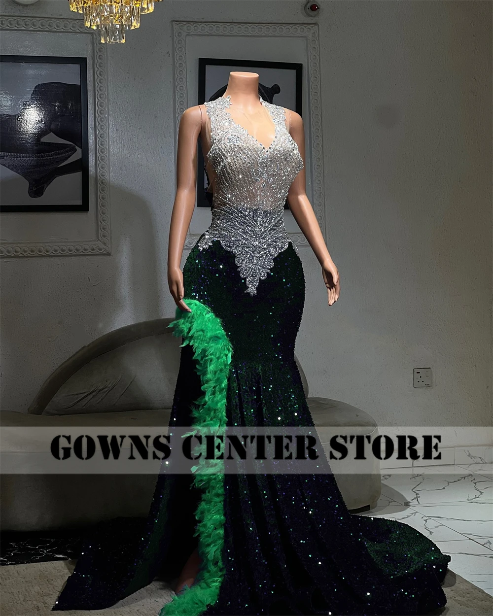 Conspicuous Dark Green Sequin Prom Dresses Black Girls Silvery Crystal Feathers Split African Wedding Party Dress Customized