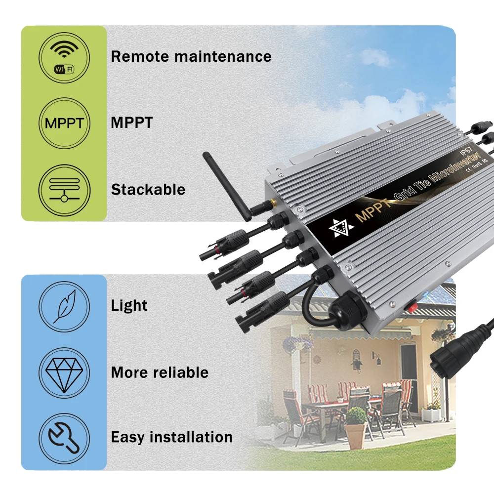 محول صغير متصل بشبكة الطاقة الشمسية مع وحدة تحكم wi-fi ذكية وmppt ، مقاومة للماء IP67 ، 1400W20-60VDC 80-265VAC