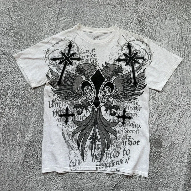 2000s Affliction T Shirt Street Shirts Y2K Mens Graphic Print Oversized Harajuku Gothic Round Neck Cotton Short Sleeve Tops New