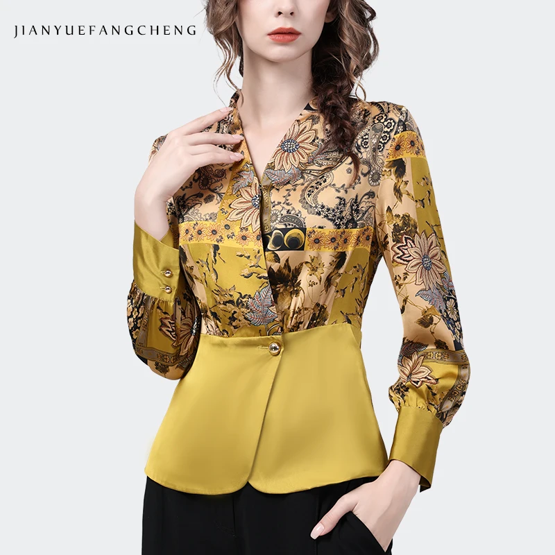 Gorgeous Yellow Satin Printing Blouse Women 2022 Autumn New Long Sleeve V-Neck Single-Button Shirt Elegant Slim Ladies Work Tops