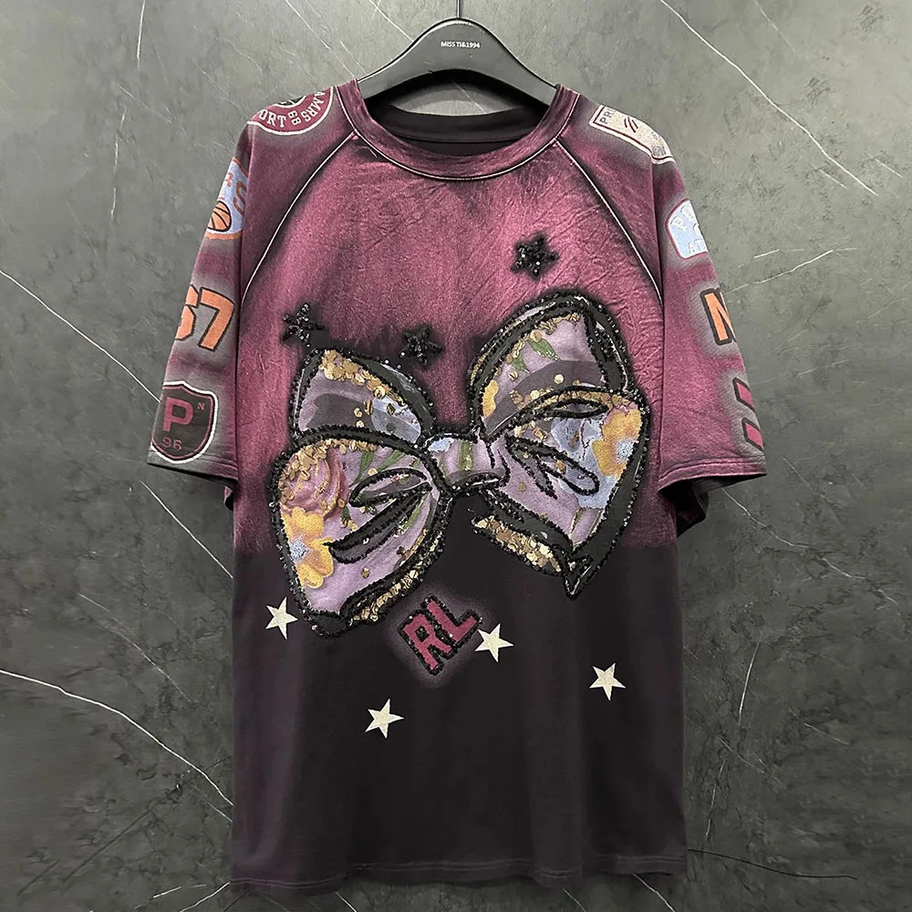 

Spring 2025 New Arrival High-Quality Sequin Bow Gradient Color Short Sleeve T-Shirt for Women Loose Fit Fashionable Mid-Length