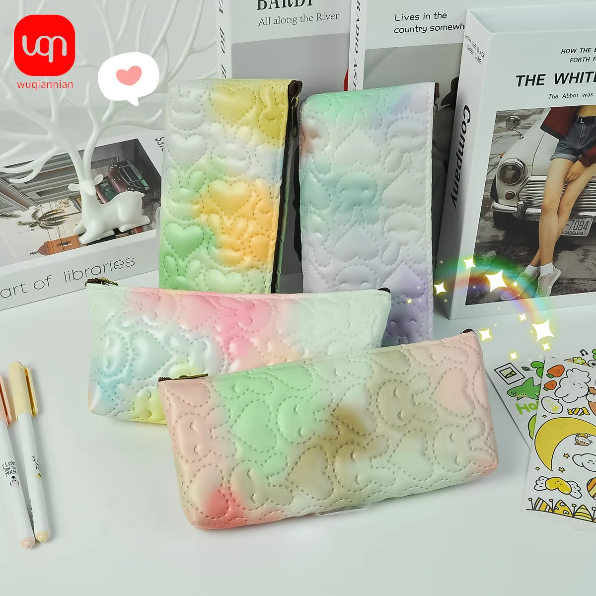 Gradient Pastel Heart Patchwork Pencil Case, Portable and Lightweight Zipper Stationery Bag, Multifunctional Student Supplies